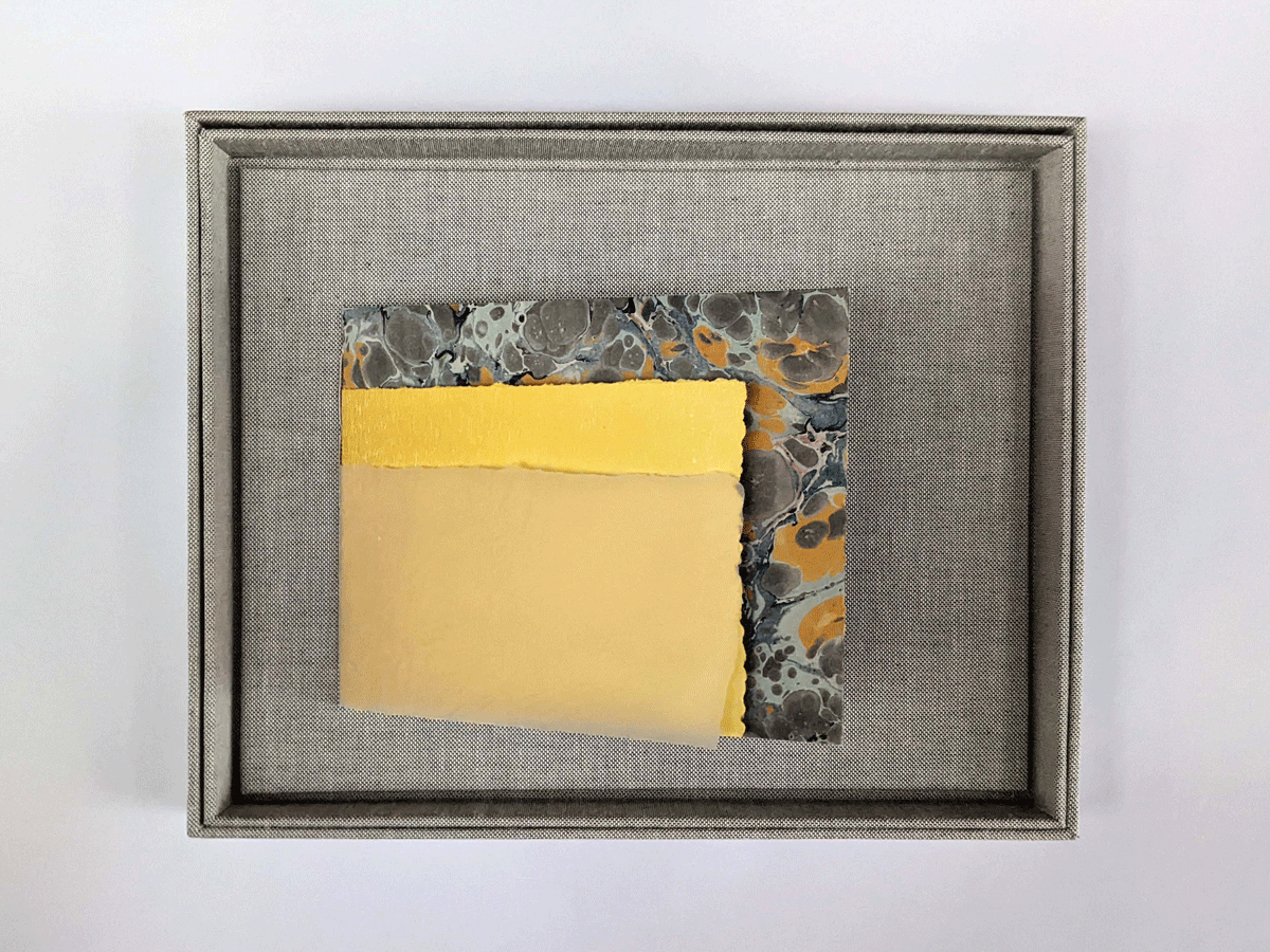 Just Passing Through, digital print, ink, and acrylic, handmade paper, binder’s board, book cloth and magnets, 2022